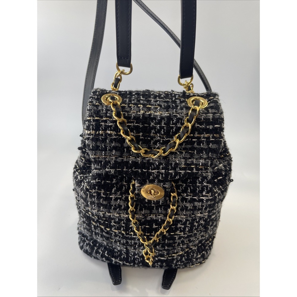 Billiontem‎ Convertible Mini  Tweed Backpack/ Purse  Black  W/ Golden Chains